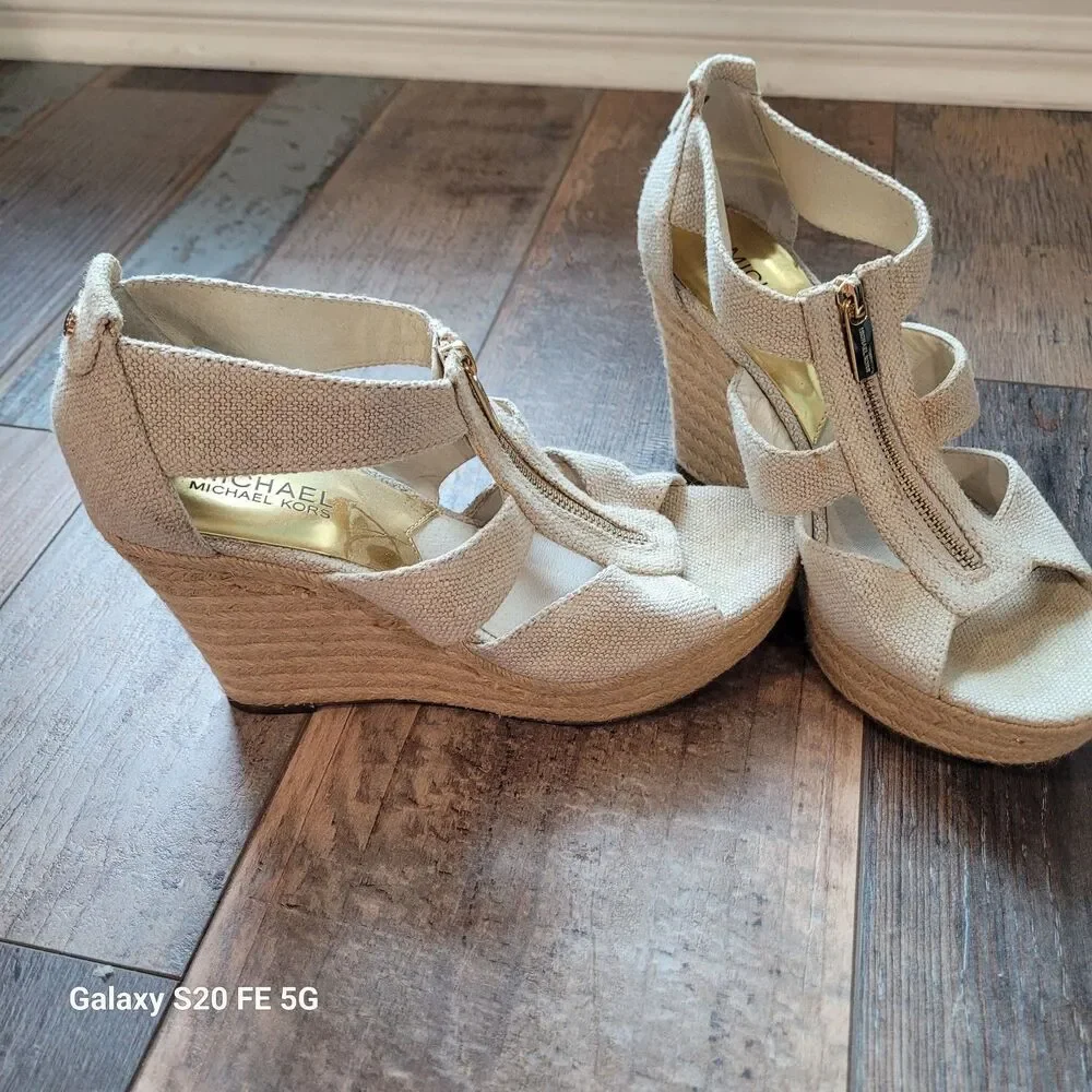 Michael Kors Wedge Sandals – Neutral Linen Fabric 7.5 SB9